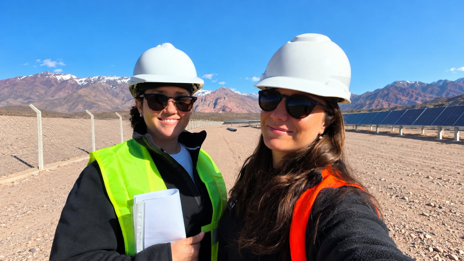 Integrantes del equipo Payún con cascos y chalecos durante una visita de campo